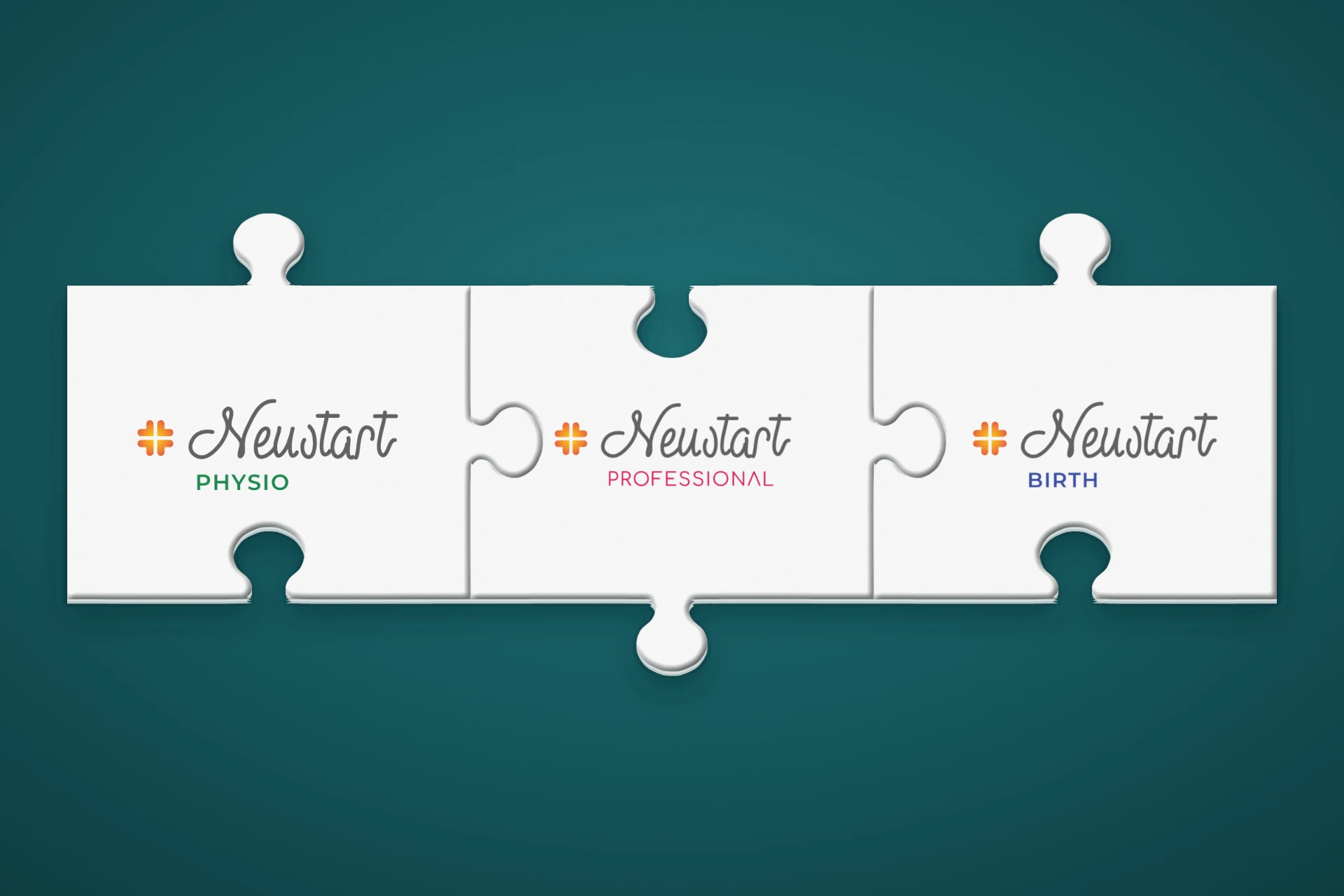 Drei passende Puzzleteile mit den Logos Neustart Physio, Neustart professional und Neustart Birth